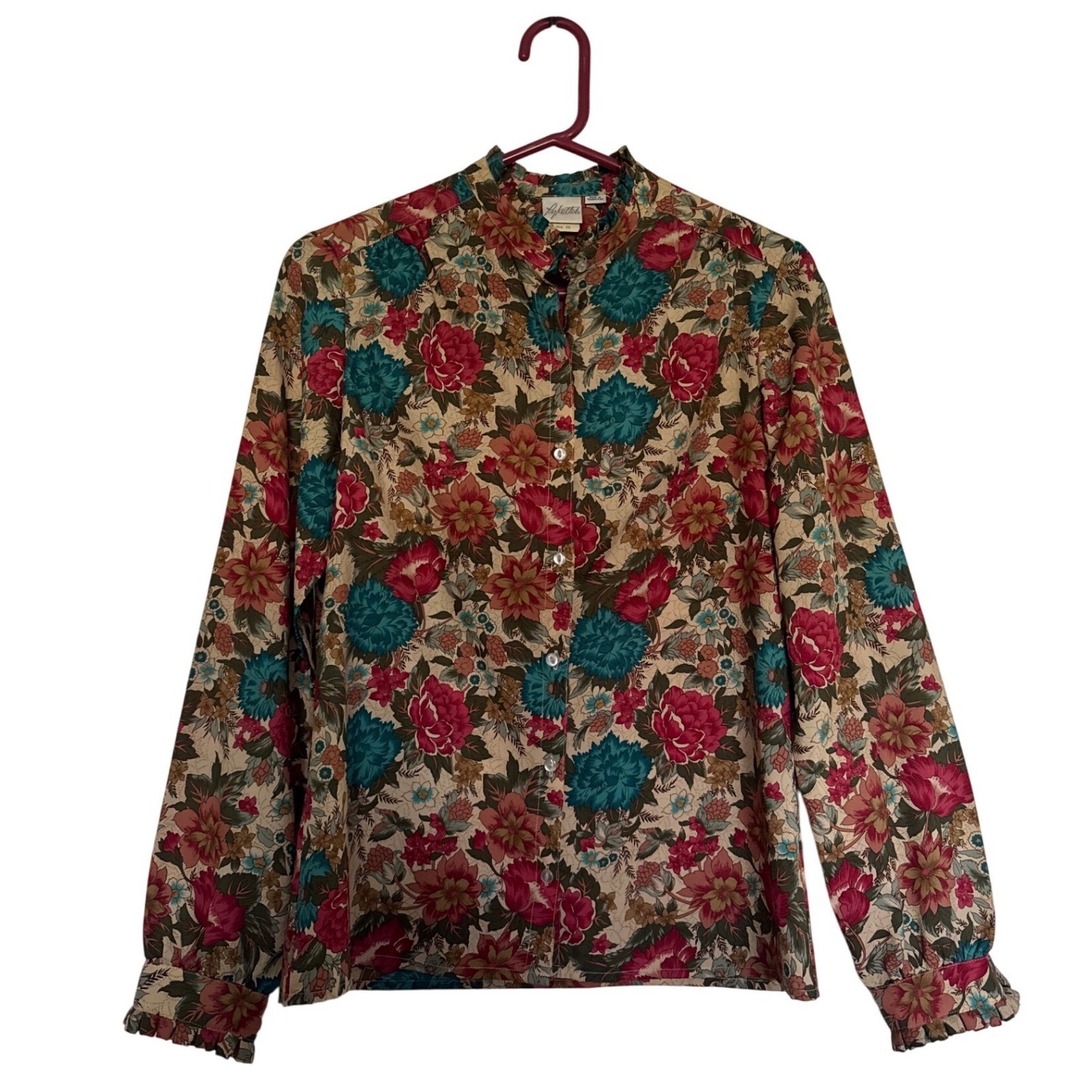 Vintage Lynkettes Floral Ruffle Collar Blouse Teal Burgundy Tan Size 10 613-543