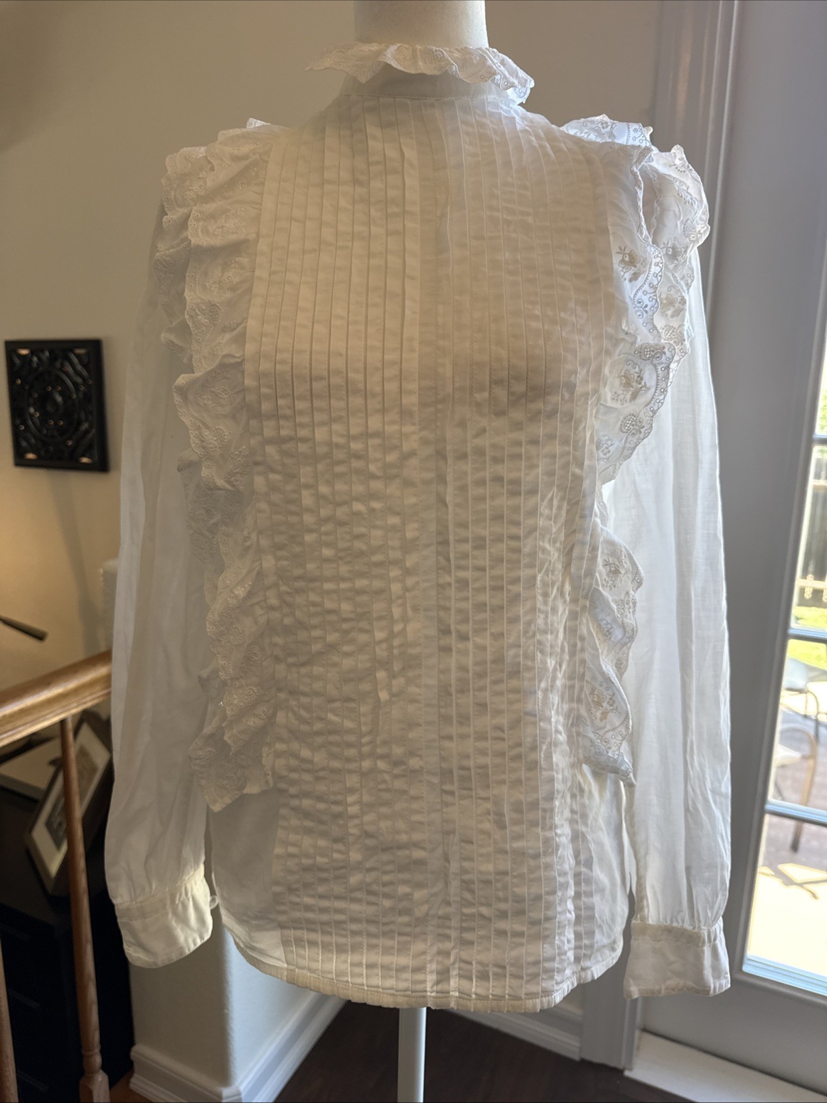 Vintage 70s Mizar Italy White Lace Ruffled Shirt Long Sleeved Poet’s Blouse S