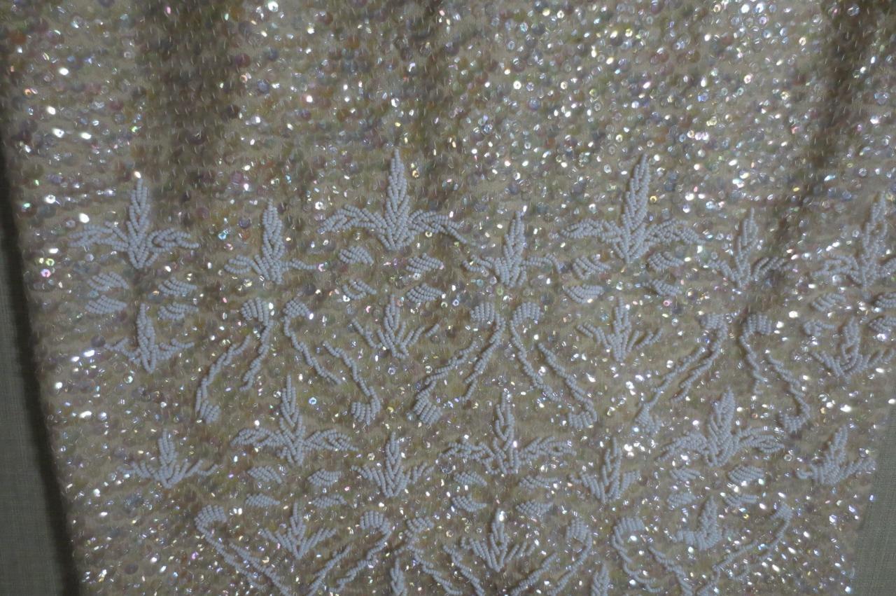 Vtg Hong Kong Wool Lined Sparkle Sequins Cream Shell Dangly Fringe Size Medium