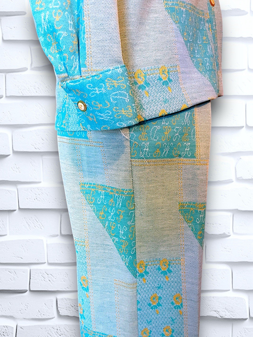 1960’s Teal, Sea Foam Green & Yellow Patchwork & Monogram Pattern Suit Spring