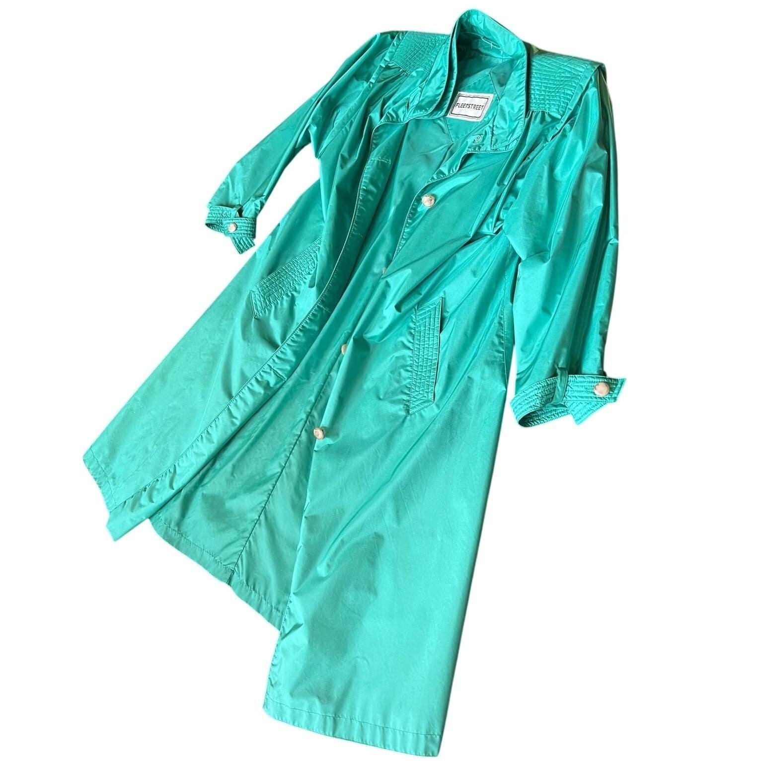Vintage Fleet Street Teal Trench Coat Retro Chic Pleated 80s Slicker Sz 10