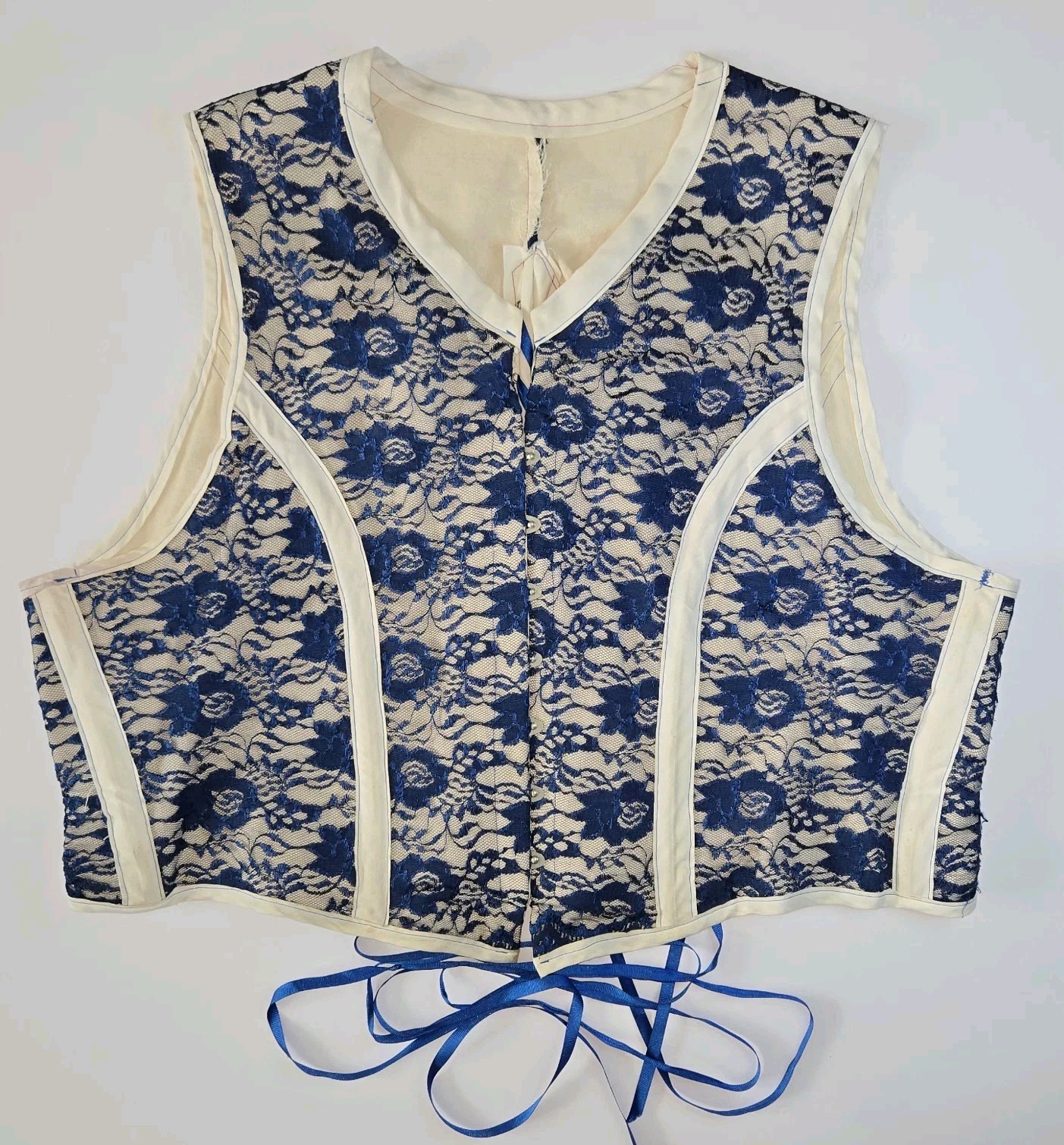 Vintage Blue Lace Corset Vest Top Lace Up Back Renaissance Costume Women’s Sz L