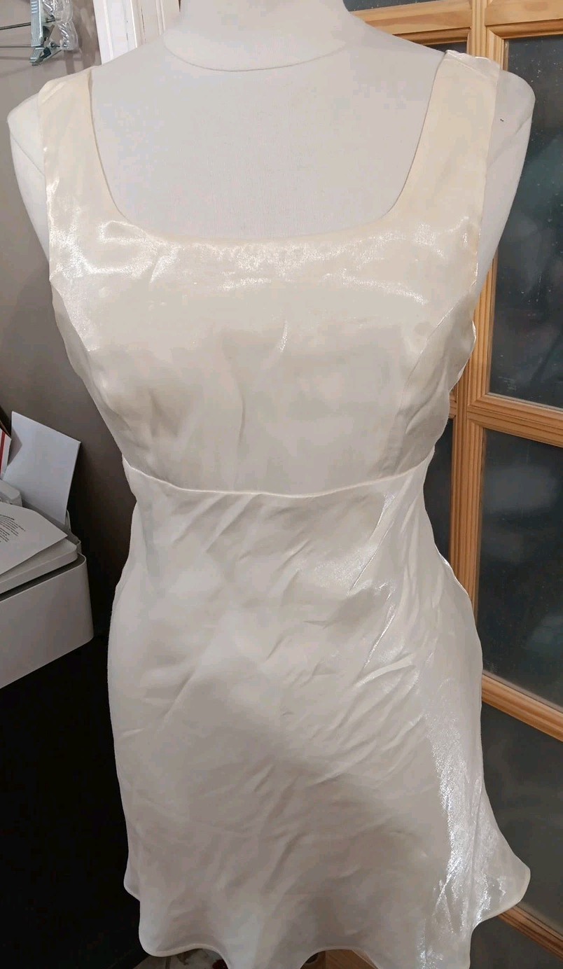 Vintage LA GLO Mini SLIP DRESS White Shimmer Key Hole Back Fit Flare Lined Sz 5