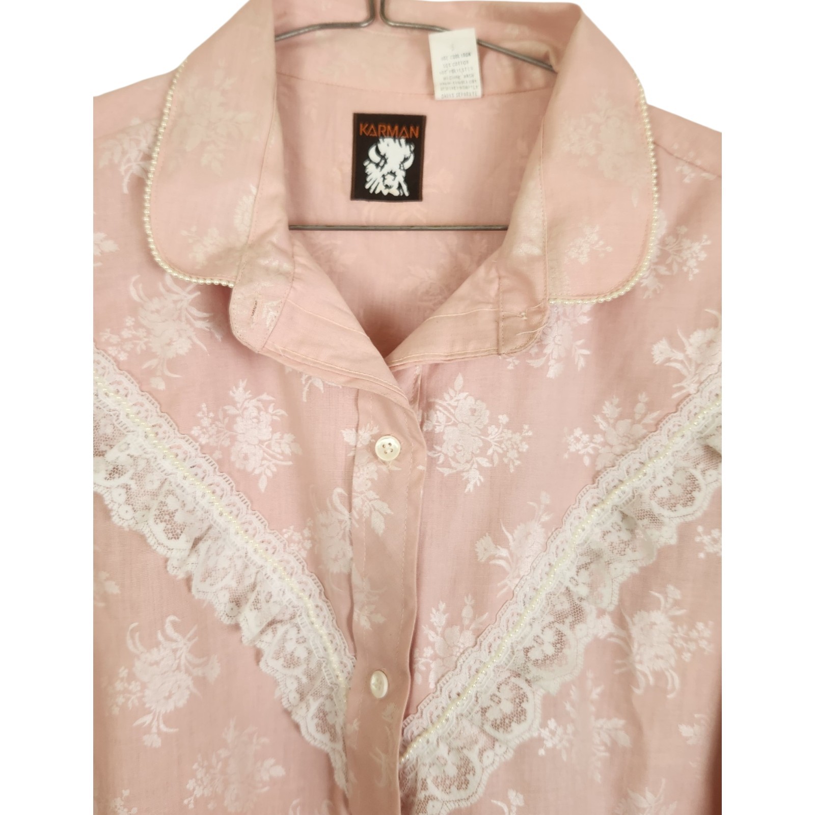Vintage Karman Womens Pink Western Shirt XL Lace Pearls Roses Coquette Cowgirl