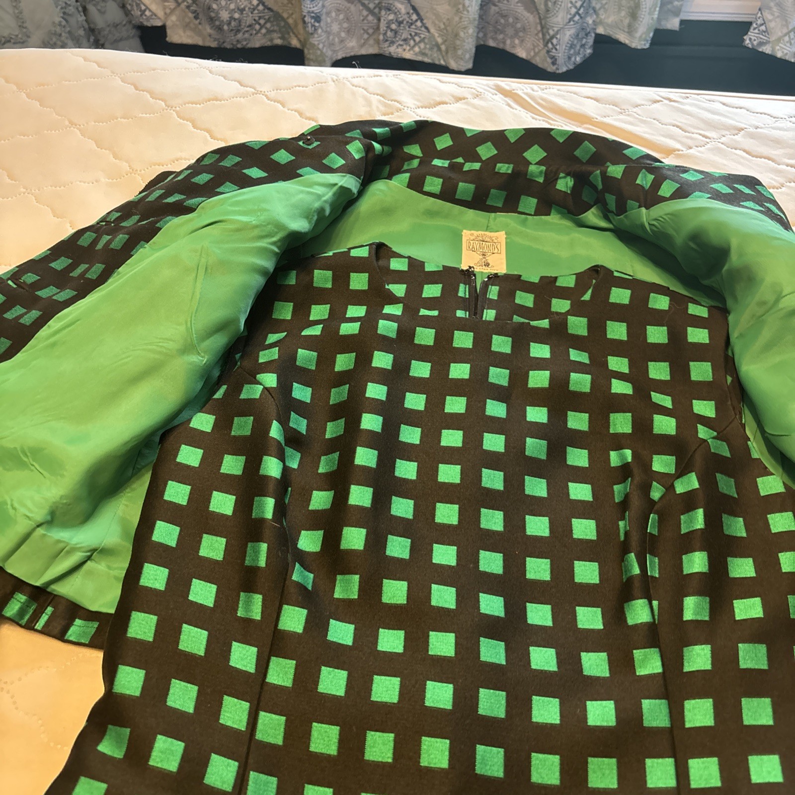 VTG 1960s/1970s Dress W/Jacket Custom Made green/black checked Med. NICE