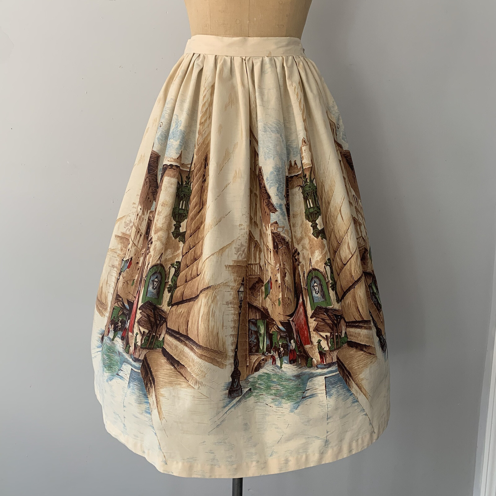 Vintage 1950’s Scenic Print Novelty Print 100% Cotton Skirt Waist 31″