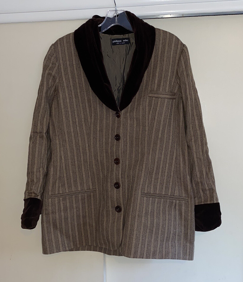Vintage Philippe Adec Striped Wool Jacket Velvet Shawl Collar, Cuffs 40