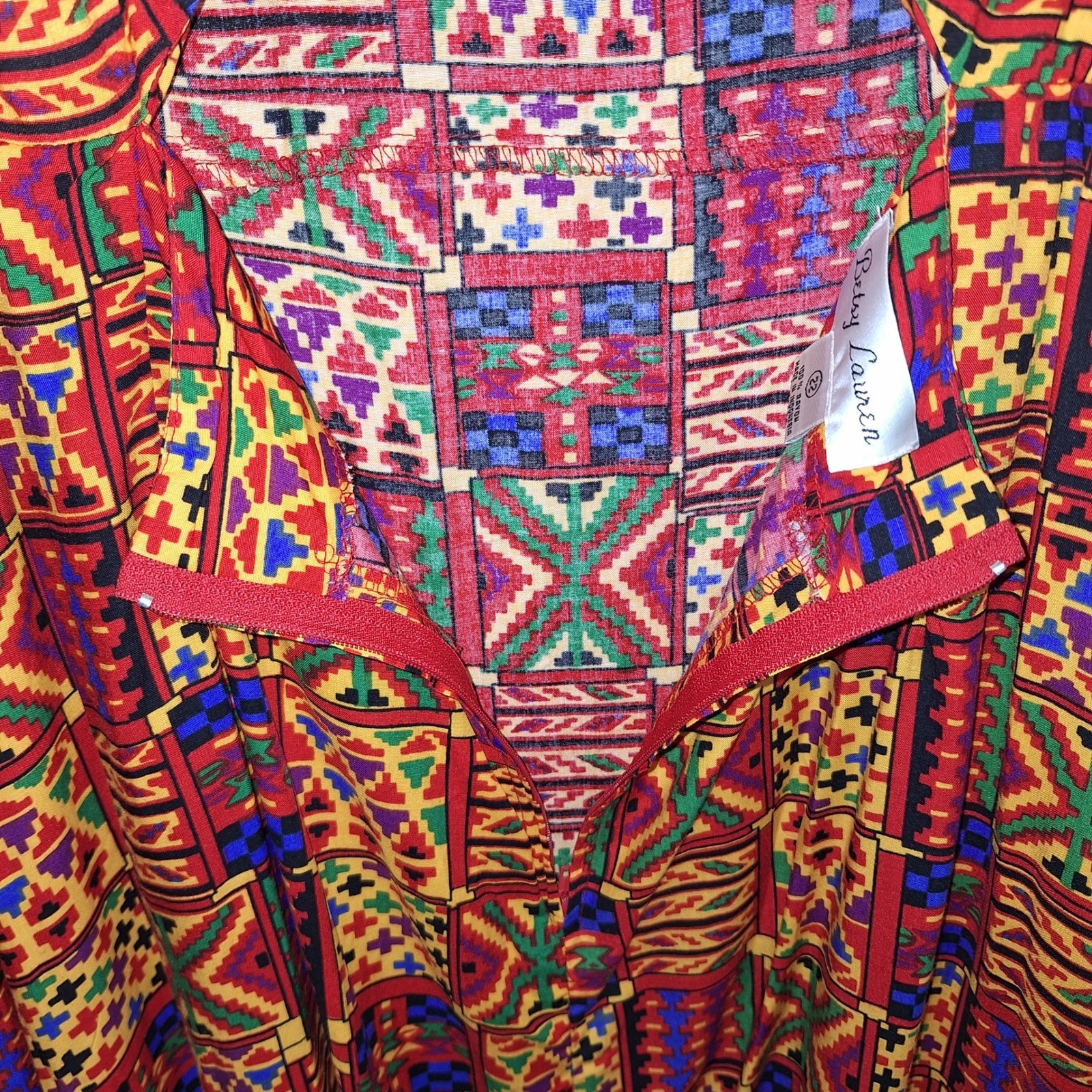 Vintage 90s Betsy Lauren Patchwork Tapestry Dress Back Bow Cutout Art Teacher 22