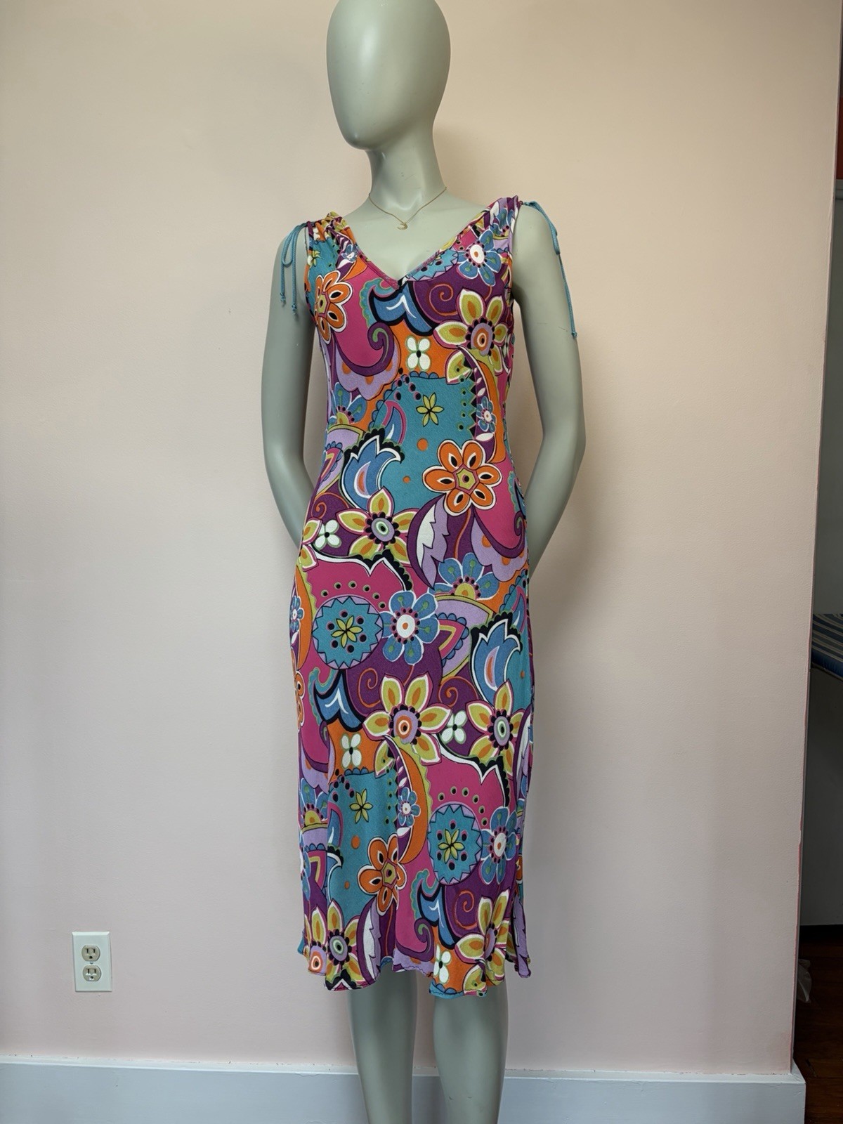 Vintage 90s Angie Psychedelic Bias Cut Rayon Floral fairy India Midi Dress S