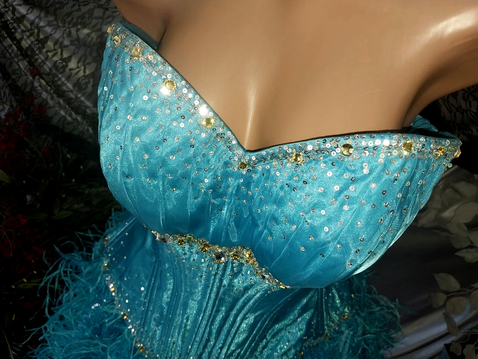 VTG Satin Burlesque Corset SHOW GIRL Skirt Set Drag AVANT La Cage Blue Dress