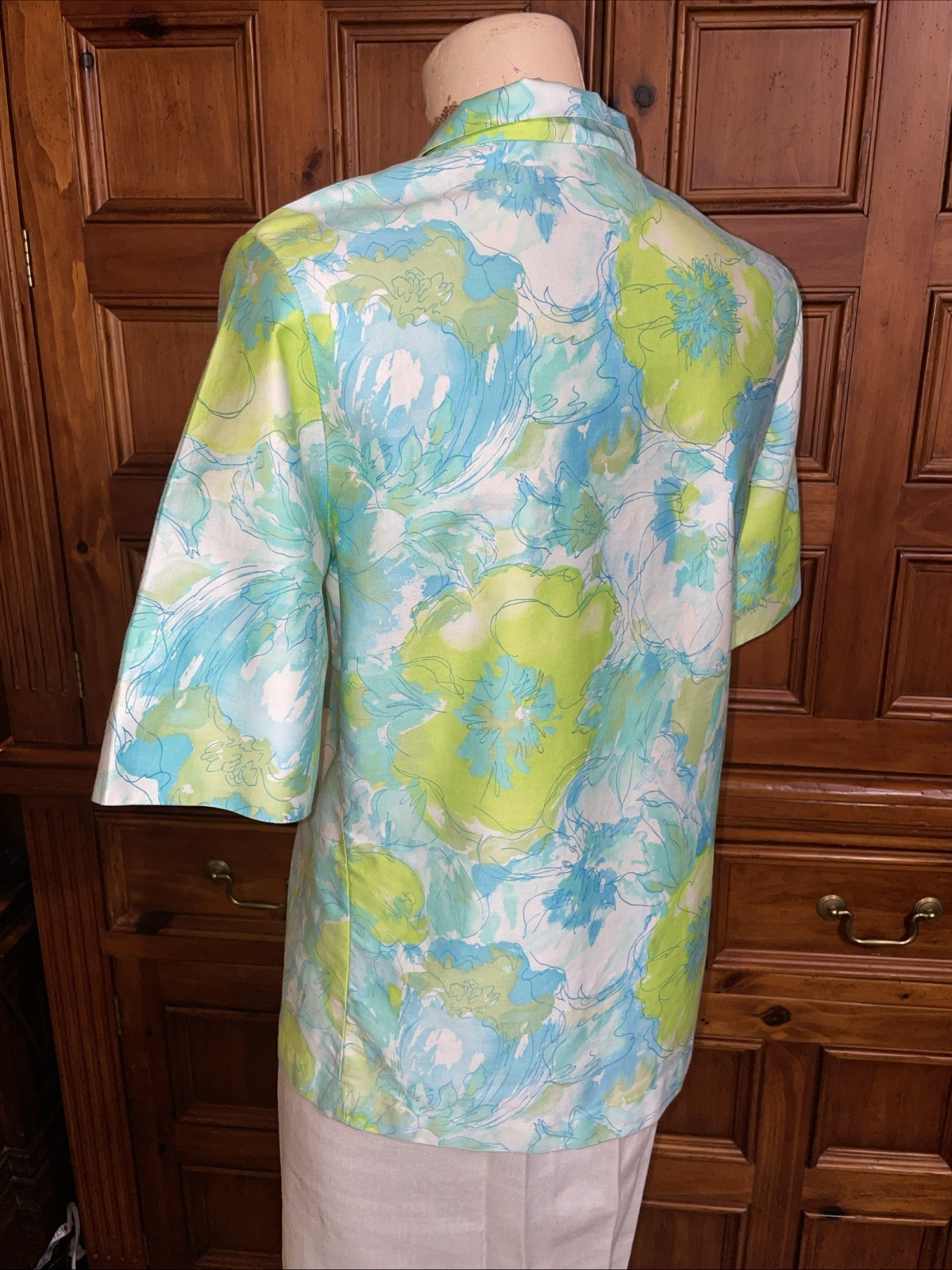 Vintage 50’s Water Color Floral Design Polished Cotton Button Front Blouse S/M