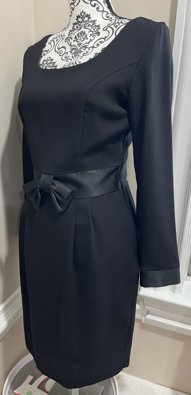 VTG Laura Ashley Black Dress Bow Front Satin Trim Audrey Hepburn 50s’ Sz 6