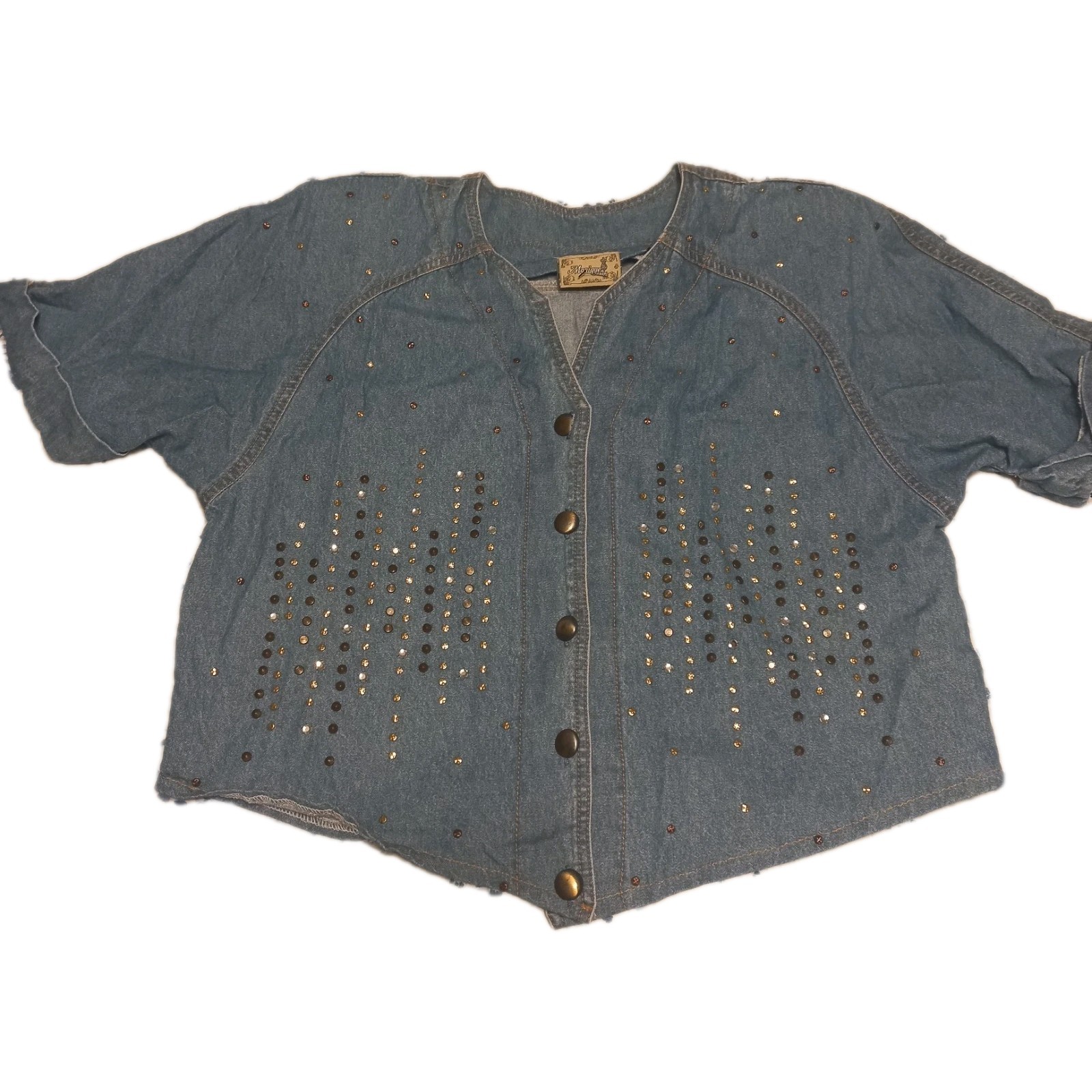 Vintage 90’s Monique Short Sleeve Denim Cropped Jacket W/Studs & Shoulder Pads