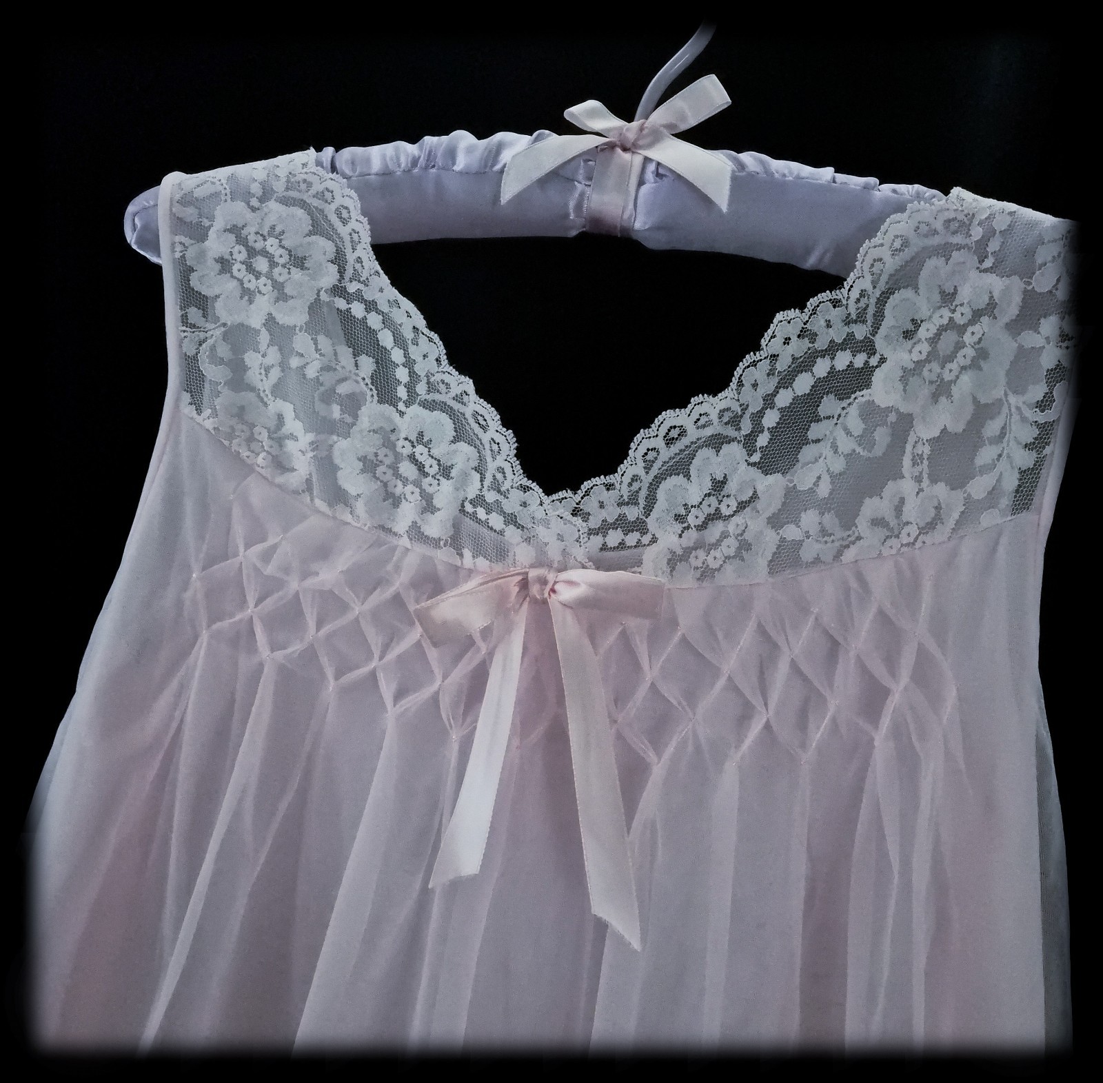 Vintage 2pc PINK Babydoll Nightgown PEIGNOIR Robe Set SHEER Chiffon LACE ~ M/L