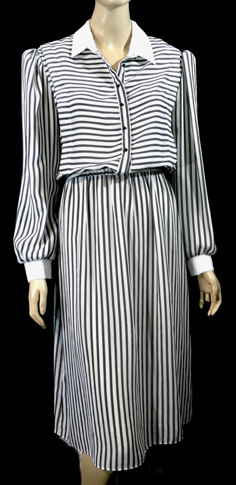 Vintage 80s Alexis Retro Business Striped Sheer Secretary Shirt Dress 14 L