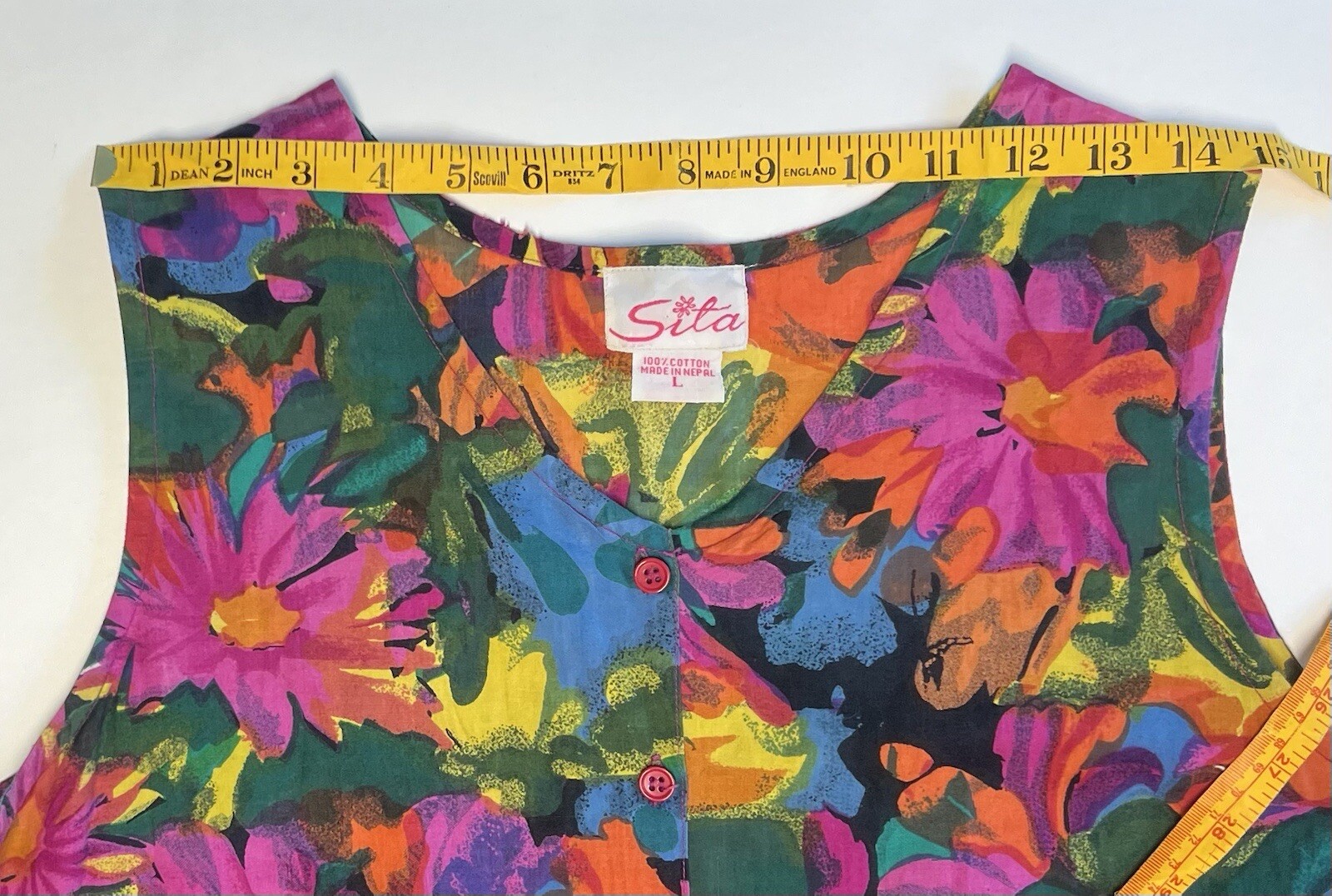 Vintage Sita Nepal Long Dress 100% Cotton Sz Large L Bright Floral Pockets VGUC