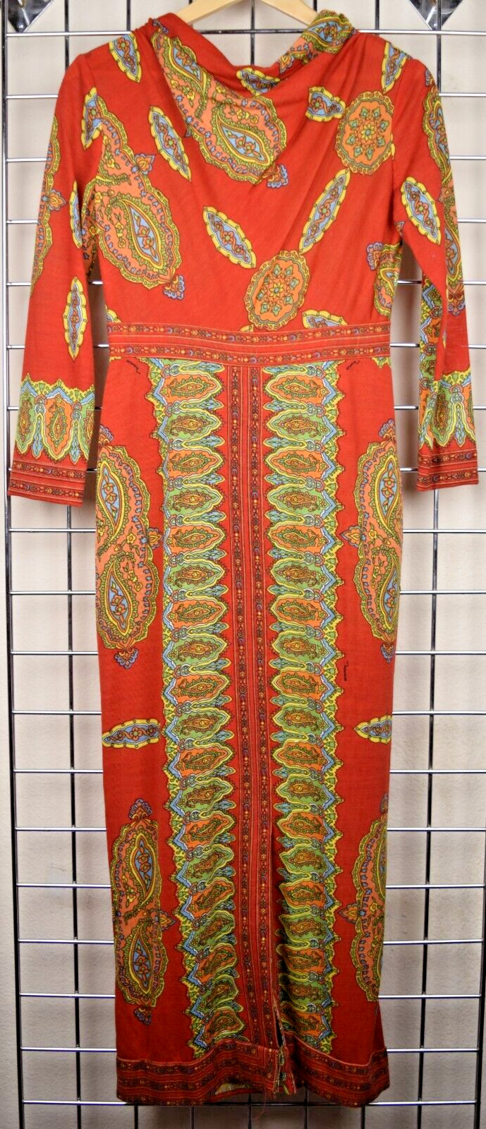 Vintage Maxi Dress Maurice Siz S/M 60s Rusty Orange Kaleidoscopic Print Back Zip