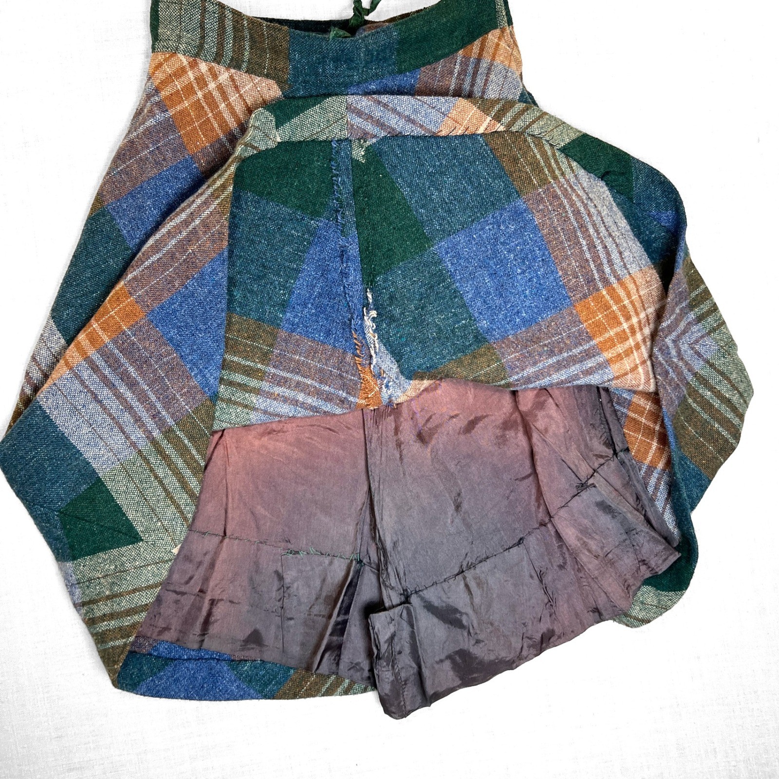 VTG Separate Ways XS Wool Skirt 1970s 7-8 23X22″ Green Blu Plaid Lightning Zip