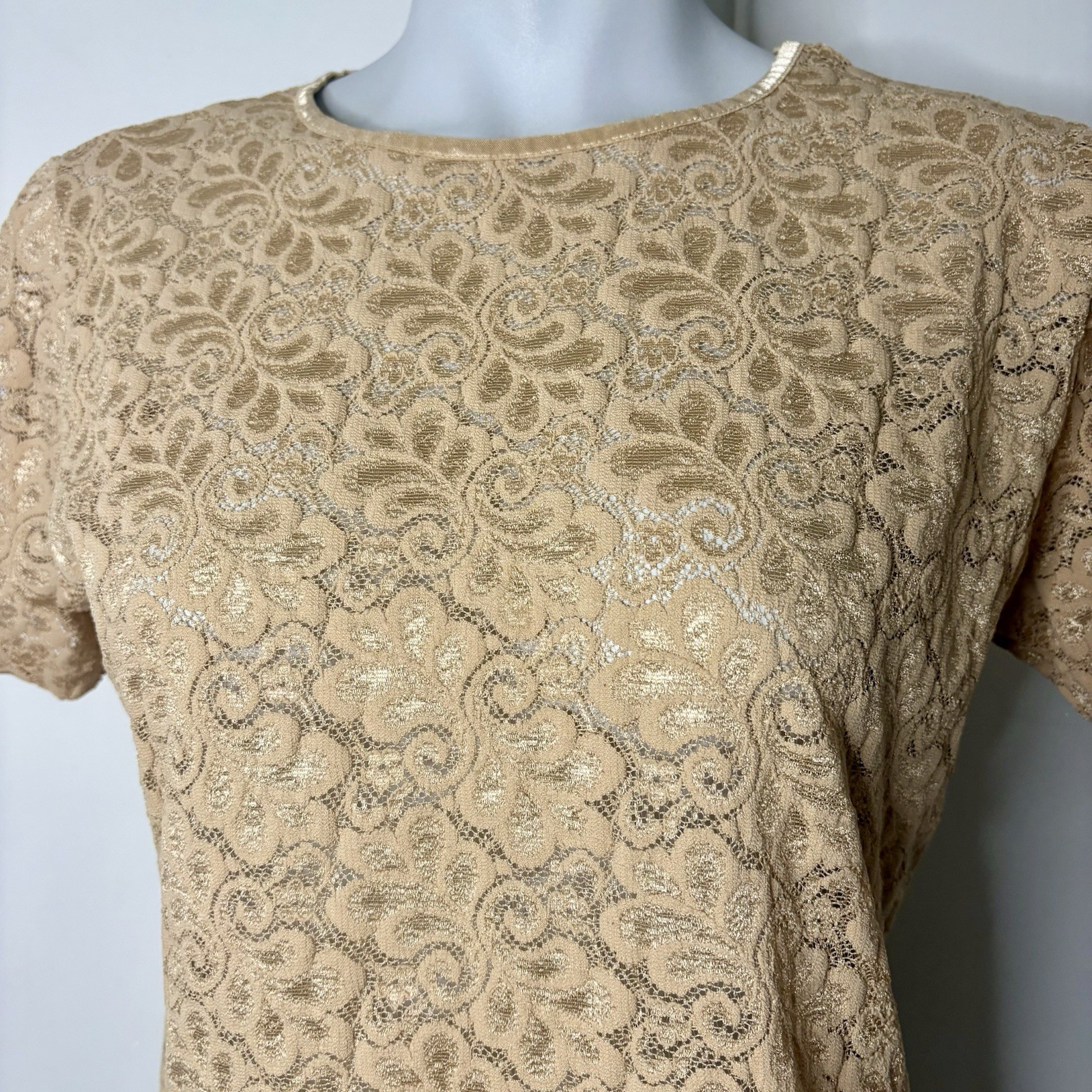Vintage 80s Lucie Ann Tan Nude Floral Layering Lace Mesh T Shirt