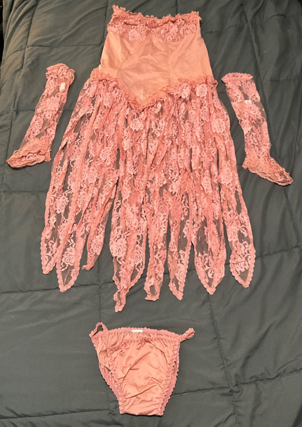 VINTAGE CHORUS LINE LINGERIE #309 SZ. LARGE TAUPE LACE BODY SUIT GLOVES PANTIES