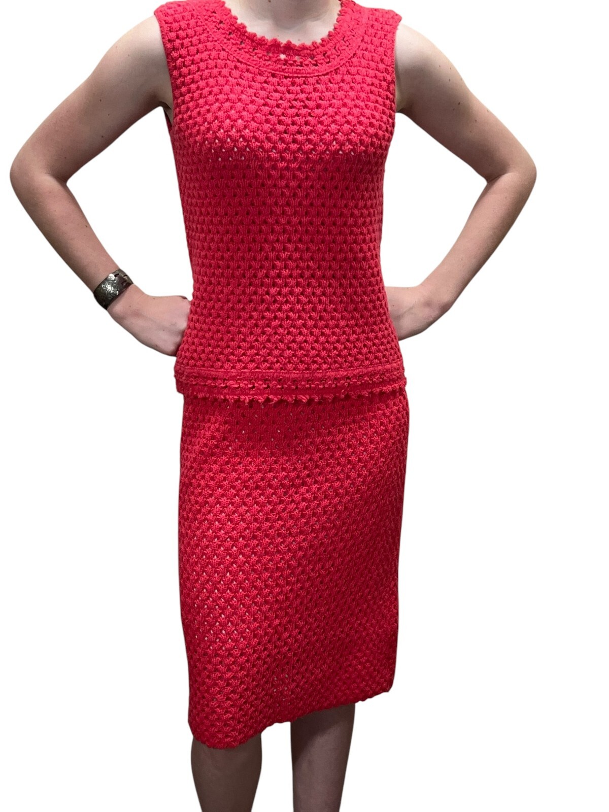XS~ S Vtg 60s Coral 2 Pc Dress Set Open Knit Sears Acrylic Sweater Skirt Outfit