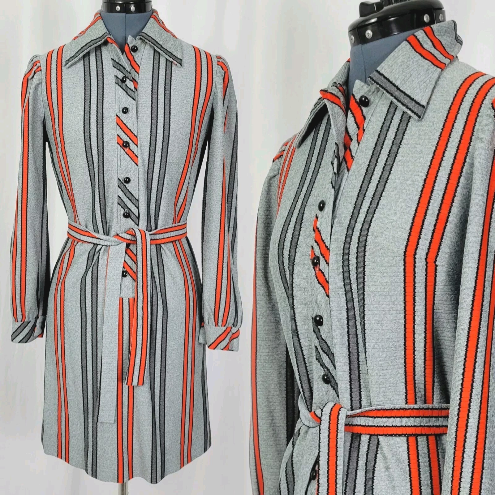 Vtg Grey Button Down Dress w Dark Grey & Orange Stripes & Tie Belt Size M?