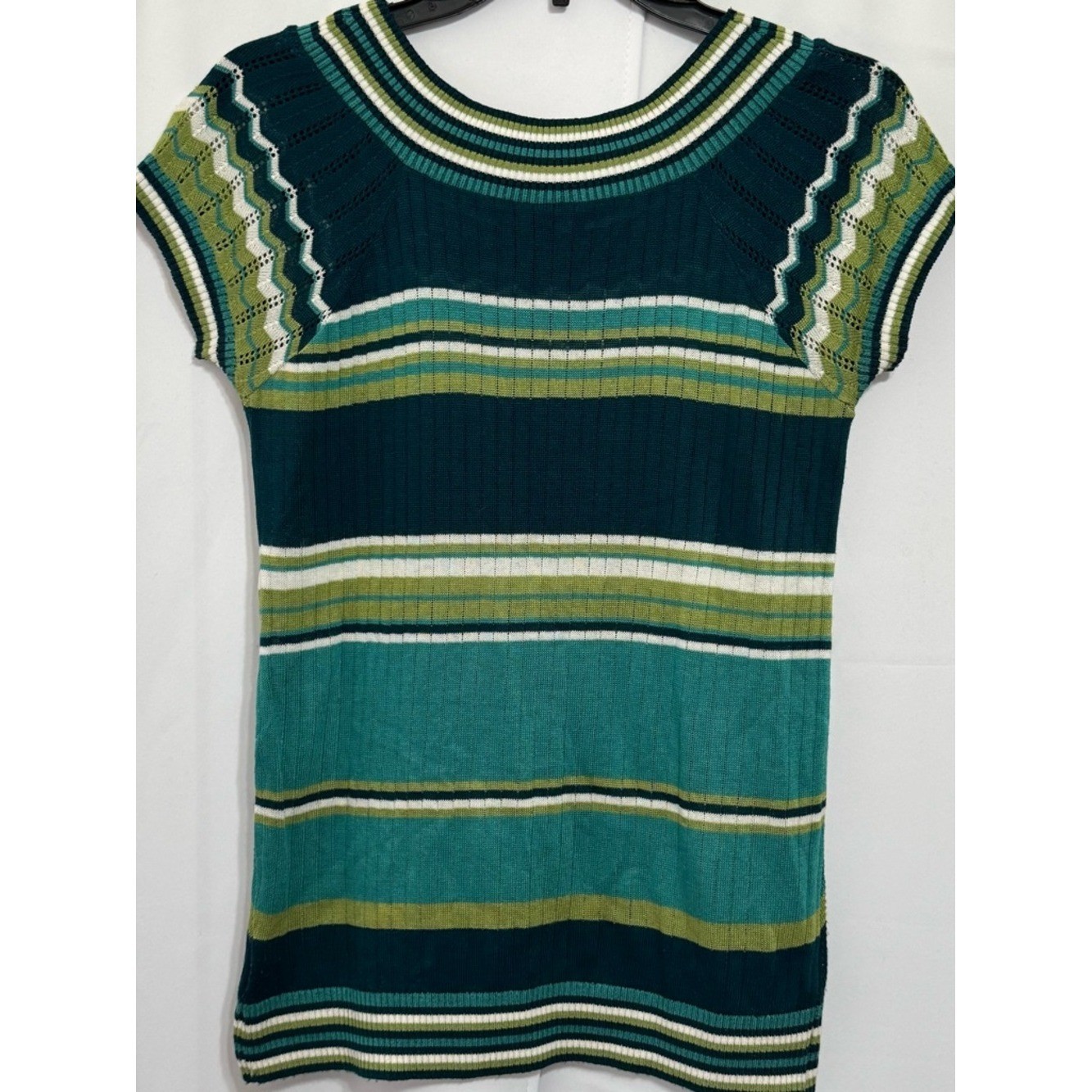 AB Studio Chevron Pointelle Knit Top Medium Teal Green Striped Retro lightweight