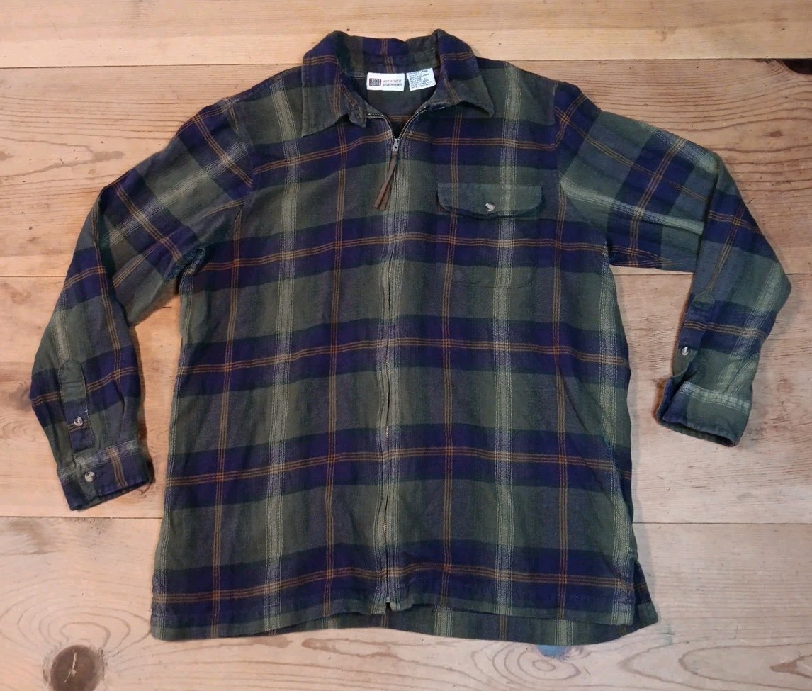 Vtg Faded Glory Womens L Plaid Flannel Shacket Shirt Full Zip Cotton Cabincore