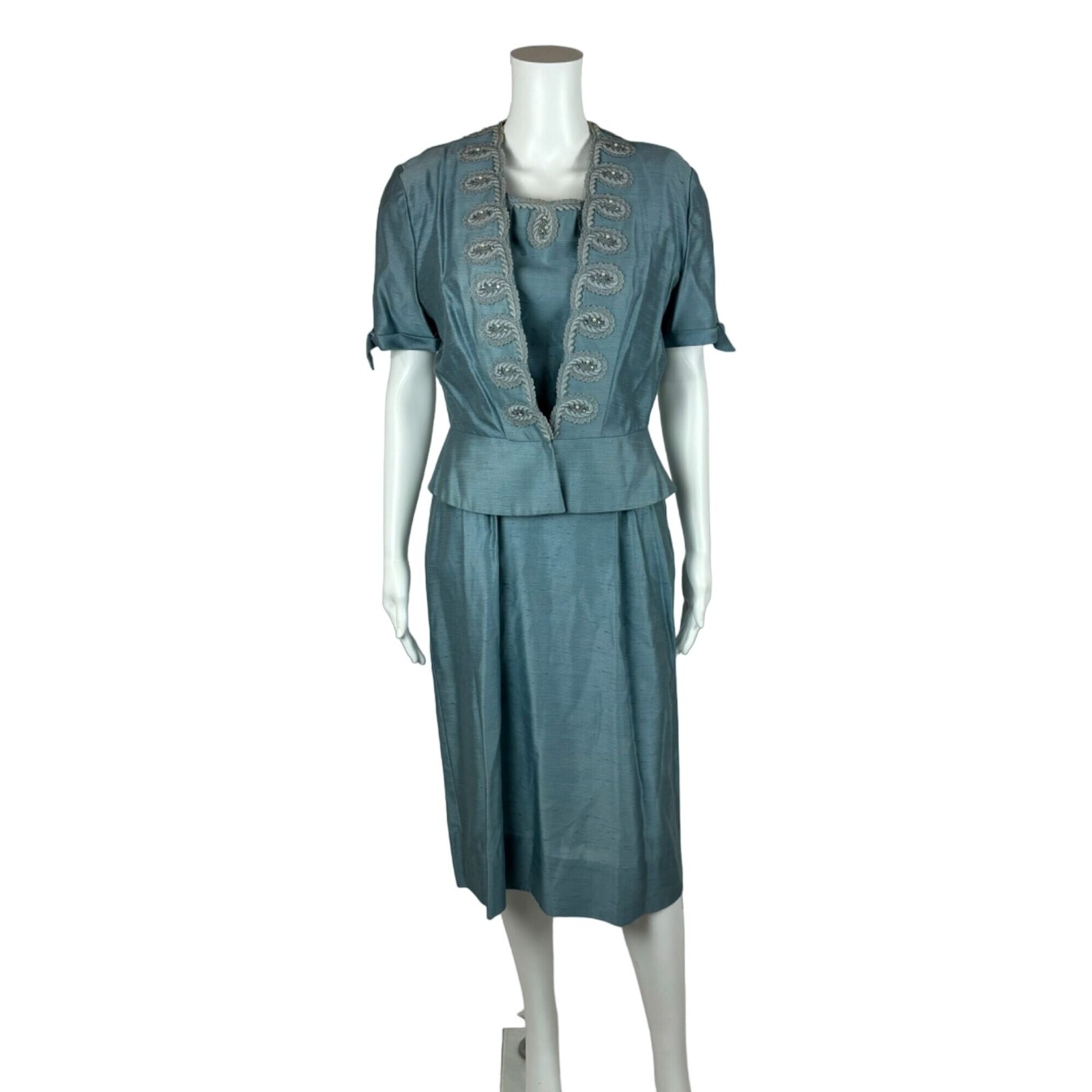 Vintage 1950s Dress Set Women’s Small Faux Silk Blue Cocktail Outfit Ann Kauffma