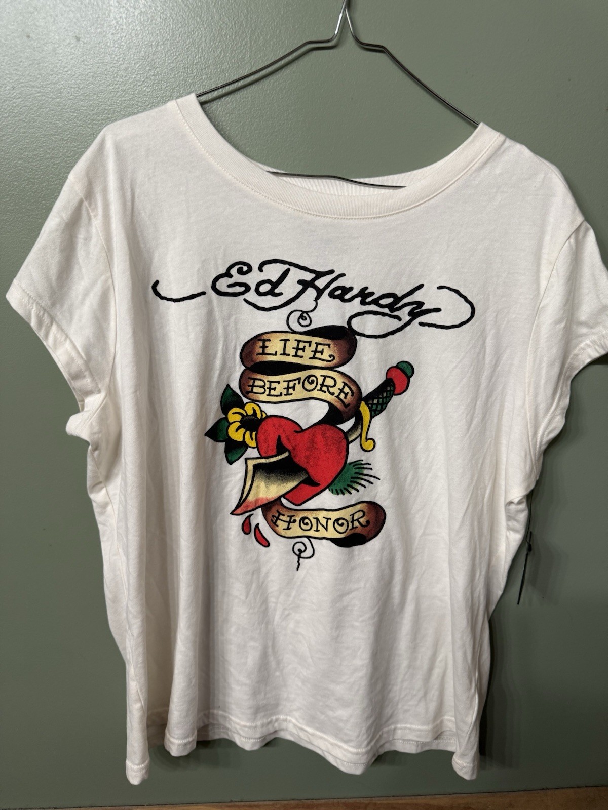 NWT Ed Hardy Shirt Color: Ivory, Love Before Honor HeartGraphic Logo Size 2xl.
