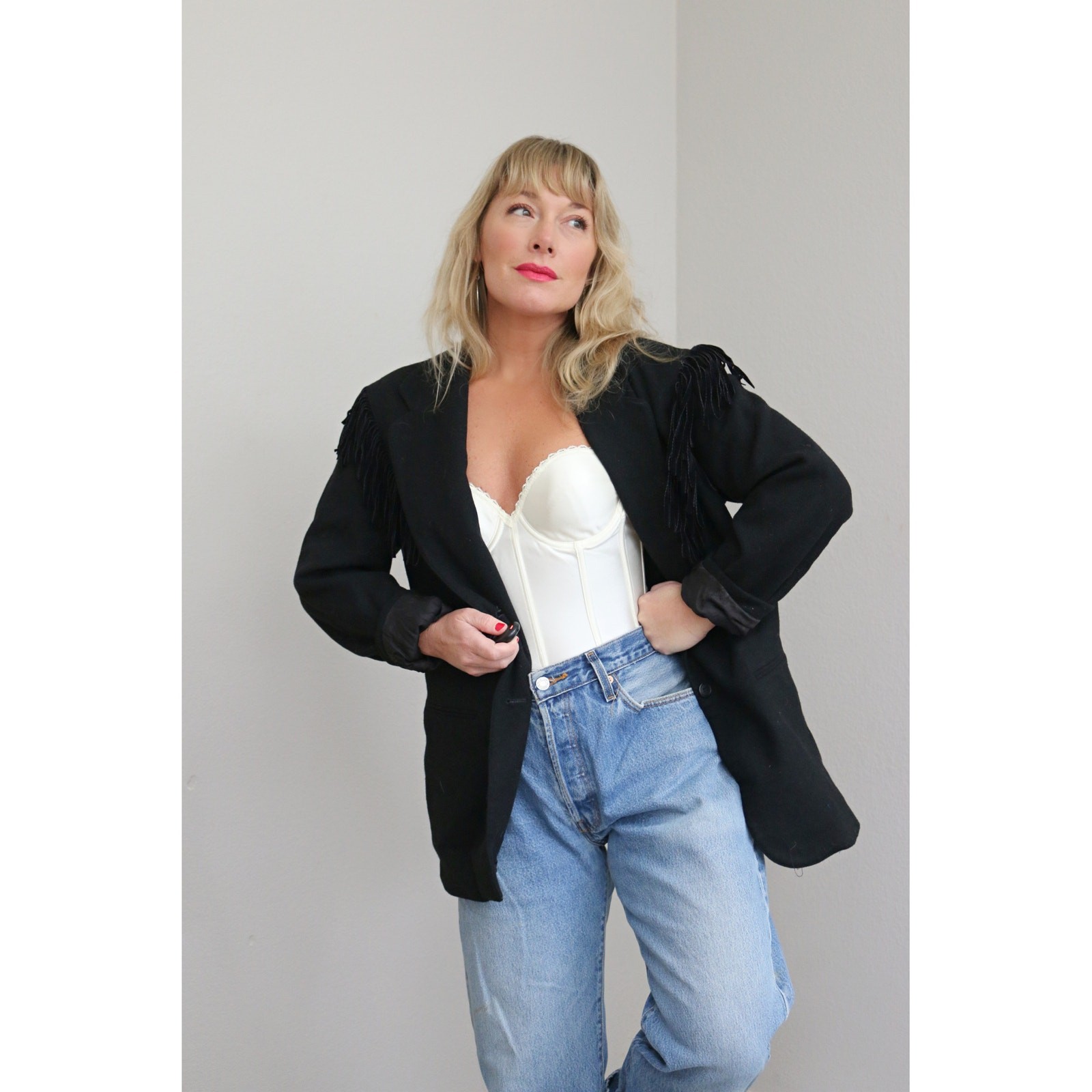 1990’s Vintage Adolfo Black Wool Fringe Blazer ~ Women’s MD LG ~ Western Jacket
