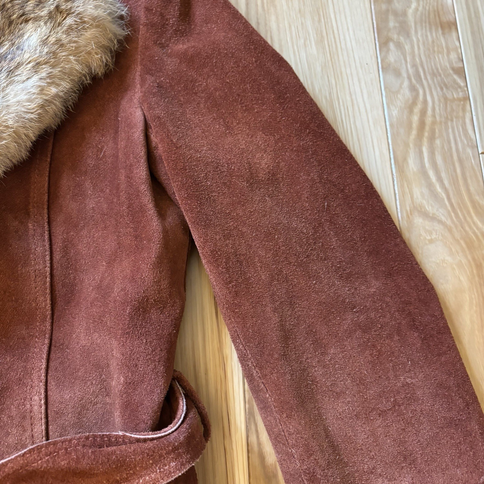 Vintage 70’s Genuine Suede Leather Rabbit Fur Collar Belted Jacket