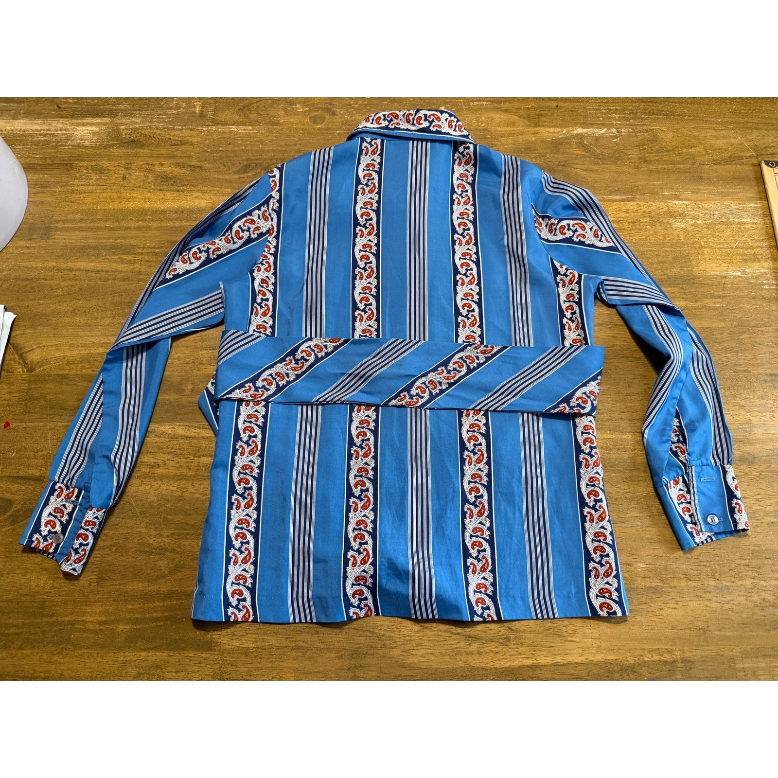 Terry Chicago Blouse Womens Medium Blue Adult Paisley Stripe Belted Excellent