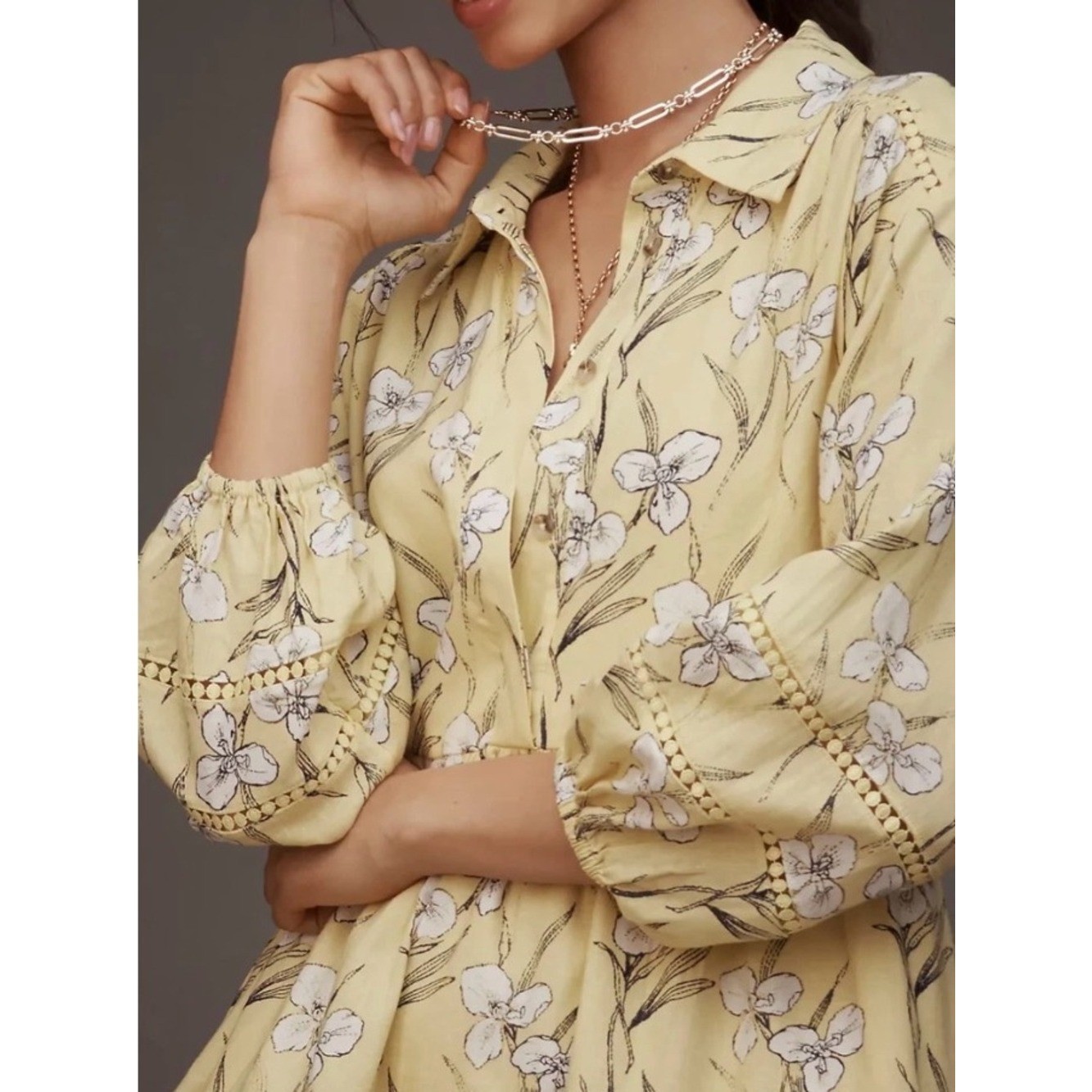 Anthropologie Maeve Bettina Mini Shirt Dress Linen Yellow Floral Size Small New