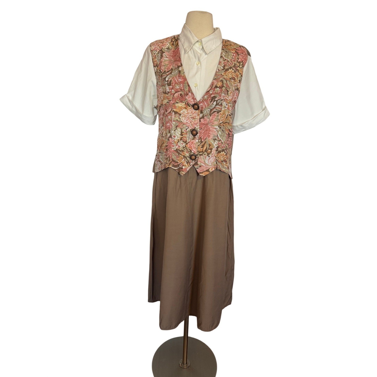 VTG Carole Little Floral Vest Layered Midi Dress Tan Pink 90s Cottagecore SZ 10