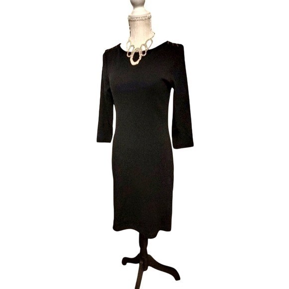 Ralph Lauren Sheath Dress Womens Medium Black Lace Up Shoulder 3/4 Sleeve Cotton