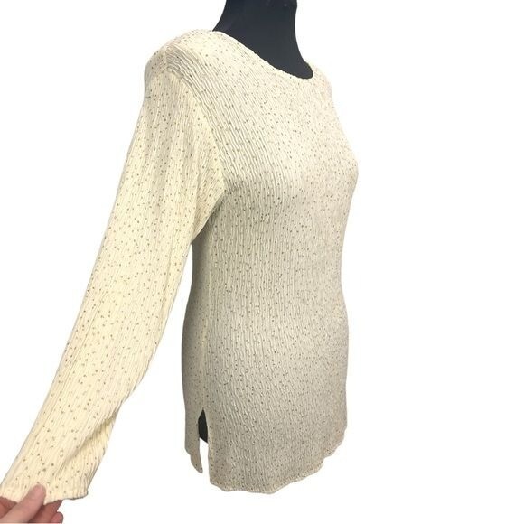 VTG Ivory w/ Gold metallic Dots COPY CATS Long Sleeve Crinkle Mini Dress L/XL