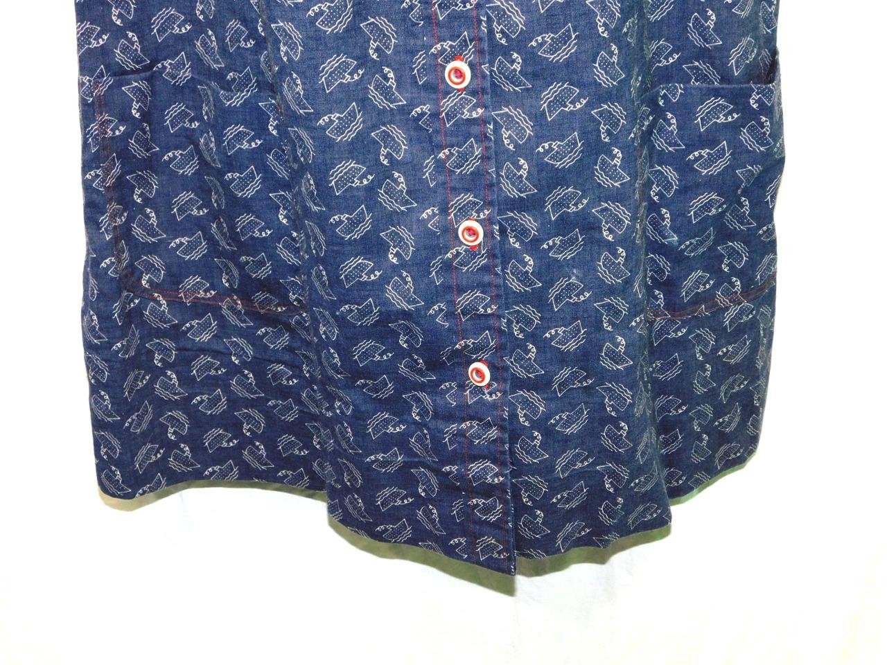 Vintage 70s XL Blue White Boat Print Tunic A Line Mini Shirt Dress Short Sleeve