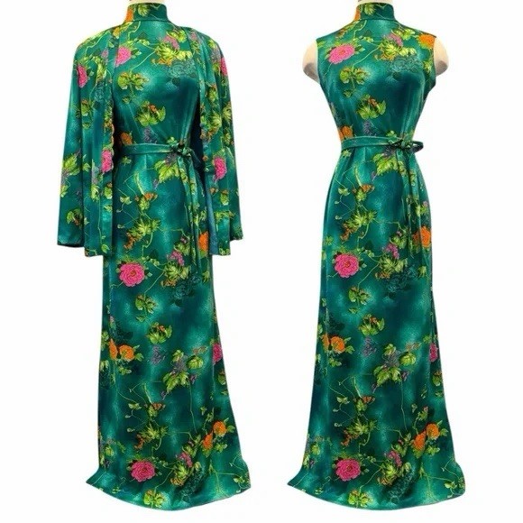 1960s Jane Andre Green Tropical Floral 2PC Set Jacket Maxi Gown Dress L