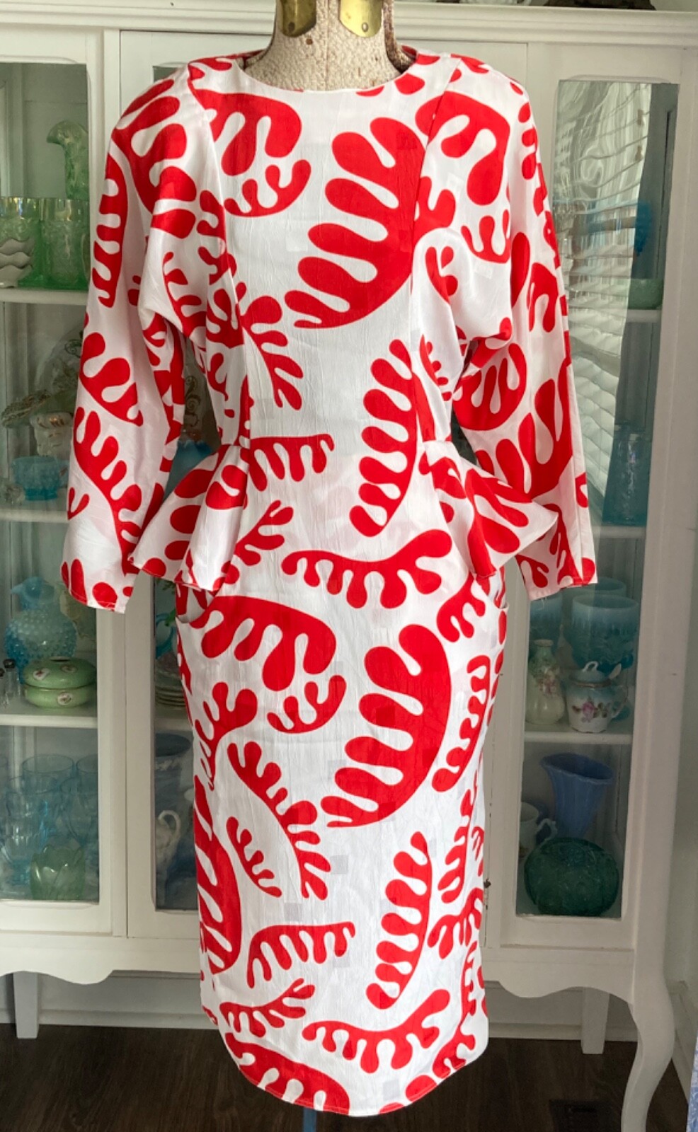 Vtg 80s Billy Jack For Her White & Red Amoeba Midi Dress Wiggle Peplum S 32 Retr