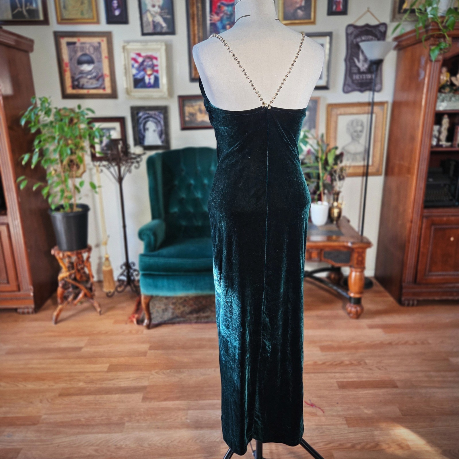 Speed Fashion Velvet Dress Vintage 90s Emerald Green Gold Beaded Maxi Gown USA