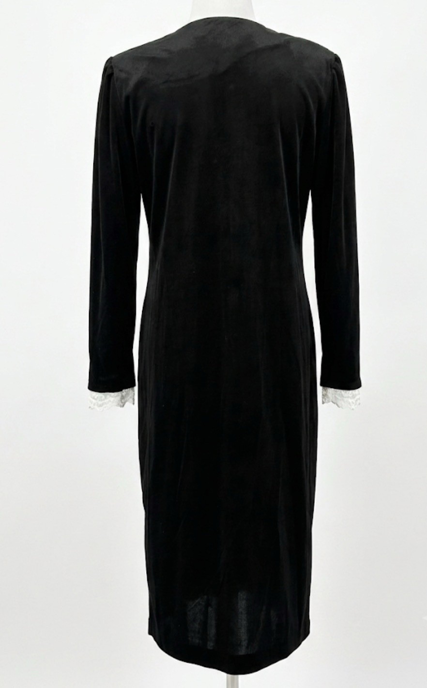 VTG 70s Checkaberry Black Velvet Dress Robe Rhinestone Buttons Lace Cuffs Sz 10