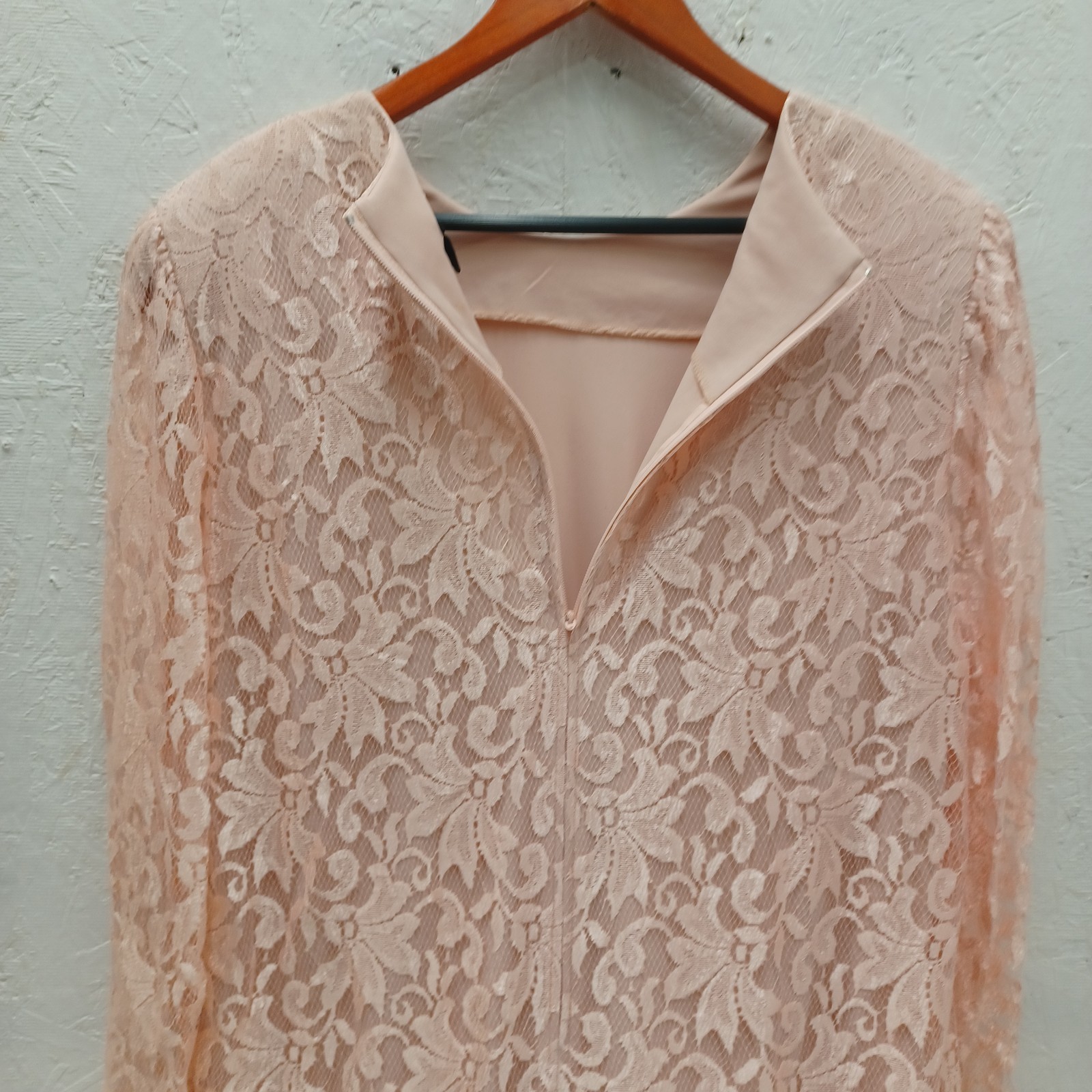 Vintage David Rose lace dress pinkNude long sleeve tassle trim Midi 18W