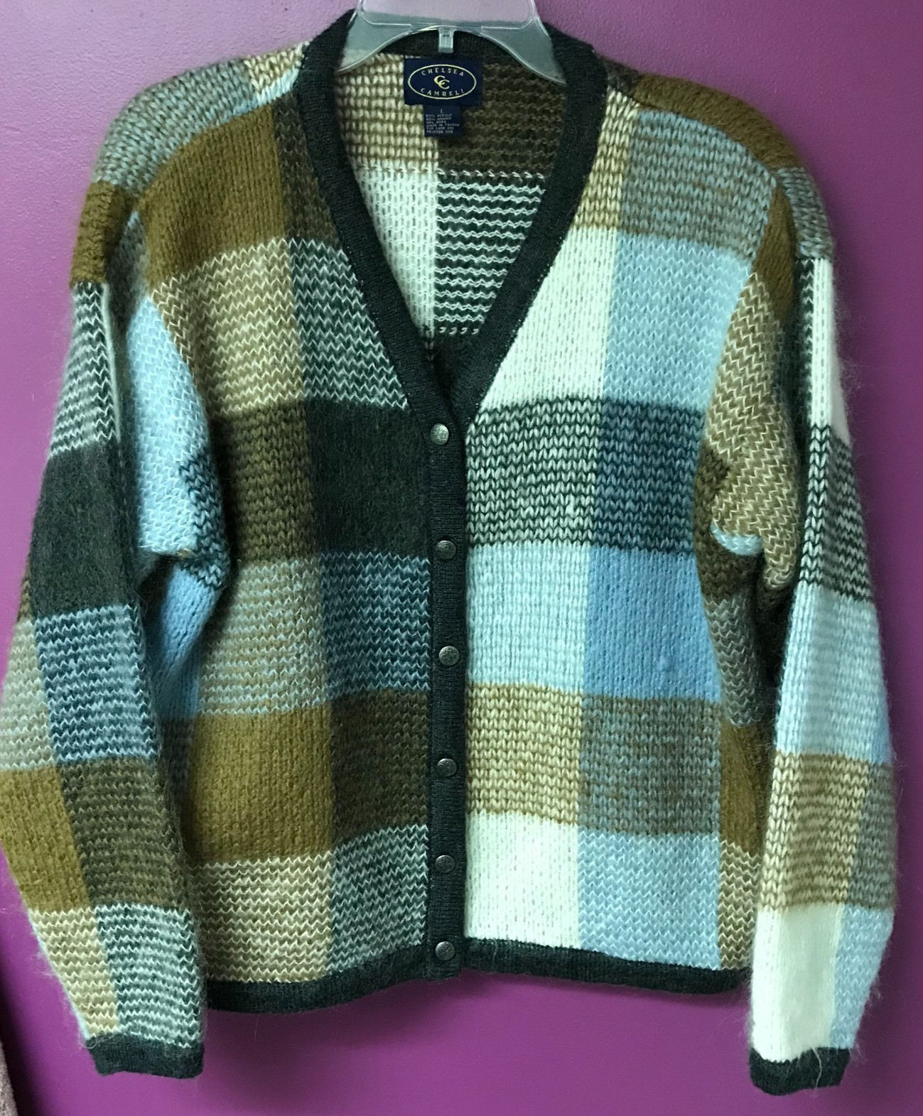 Chelsea Cambell Cardigan Sweater Large Mohair Blend Brown Blue Ivory Fuzzy VTG