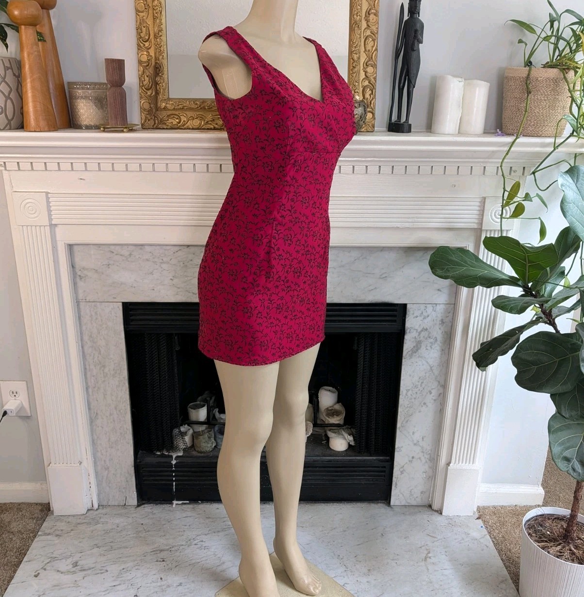 Vintage 80s Red Black Faux Wrap Mini Dress Size S Floral Flocked Silver Glitter