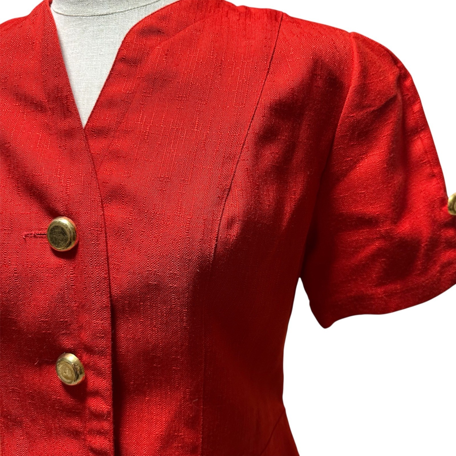 Vintage Oleg Cassini Red Button Front Sheath Dress Short Sleeve 80s Power Midi