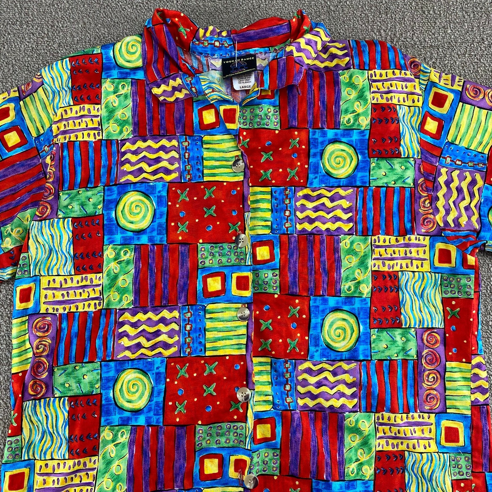 Fast Lane Toucan Dance Hawaiian Shirt Womens L Bright Multicolor Camp USA VTG