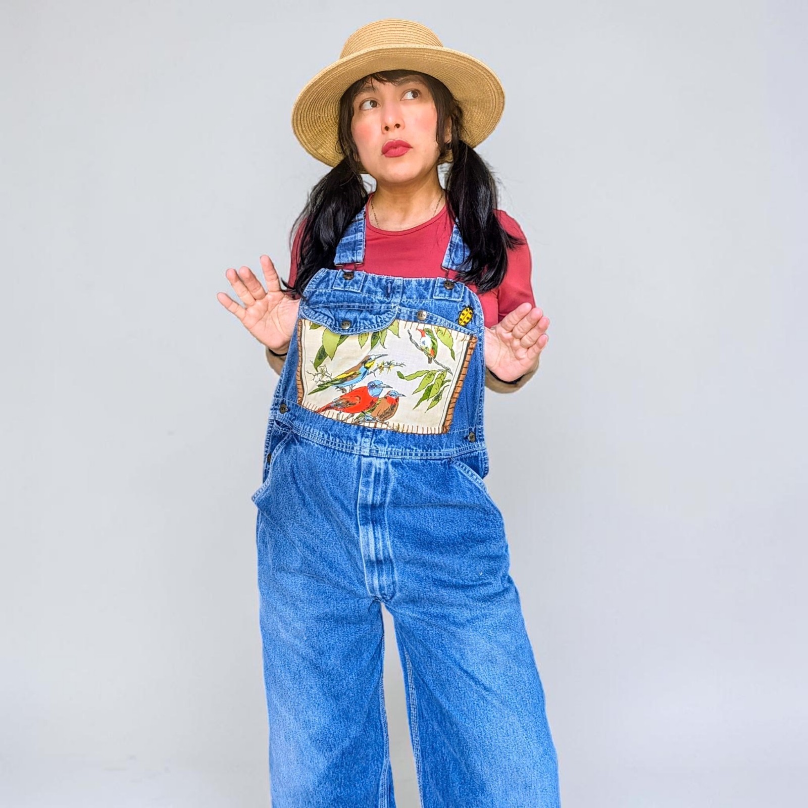 VTG 90s Key reworked birds botanical patchwork fairy cottage grunge overalls M/L
