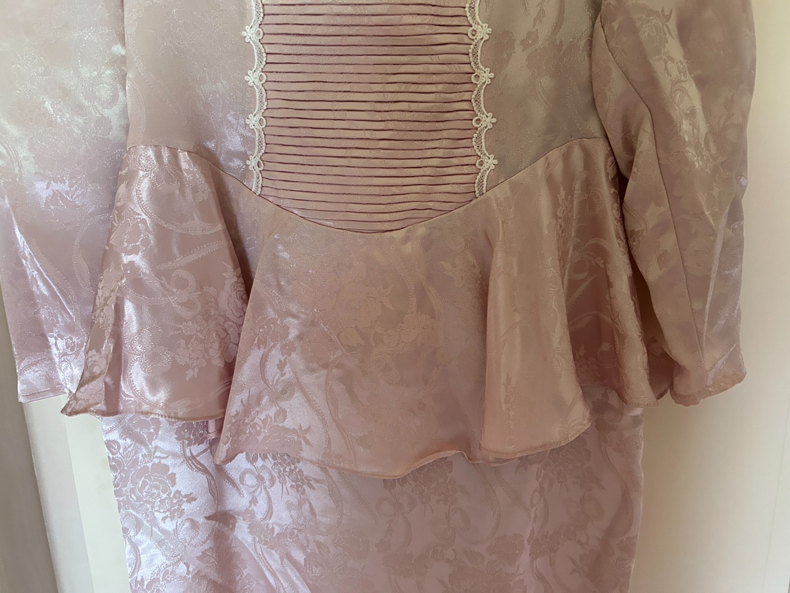 Scott McClintock pink cream brocade lace peplum bow midi dress bridal
