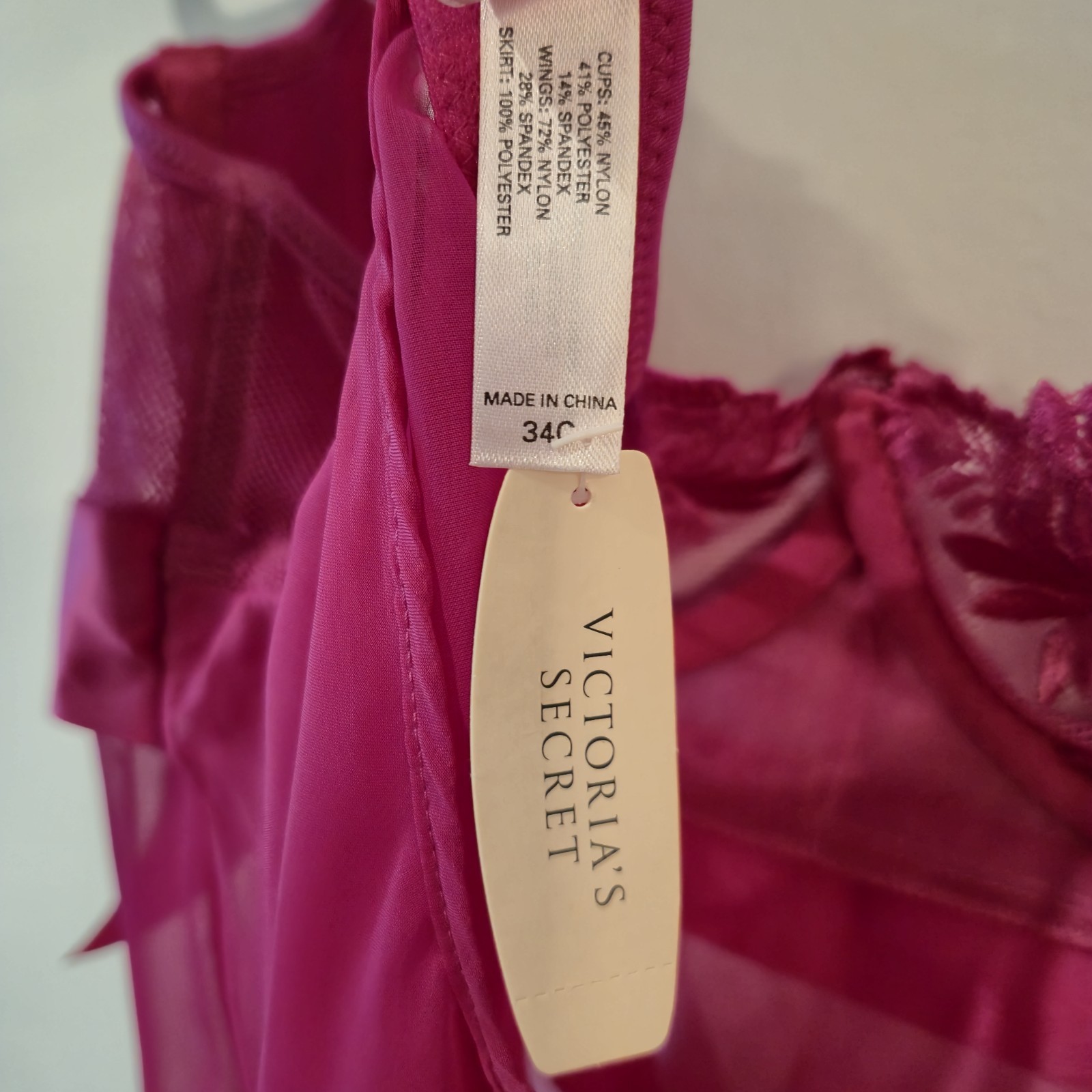 NWT Vintage Y2K Victoria’s Secret Hot Pink Floral Embroidery Bow Babydoll 34C